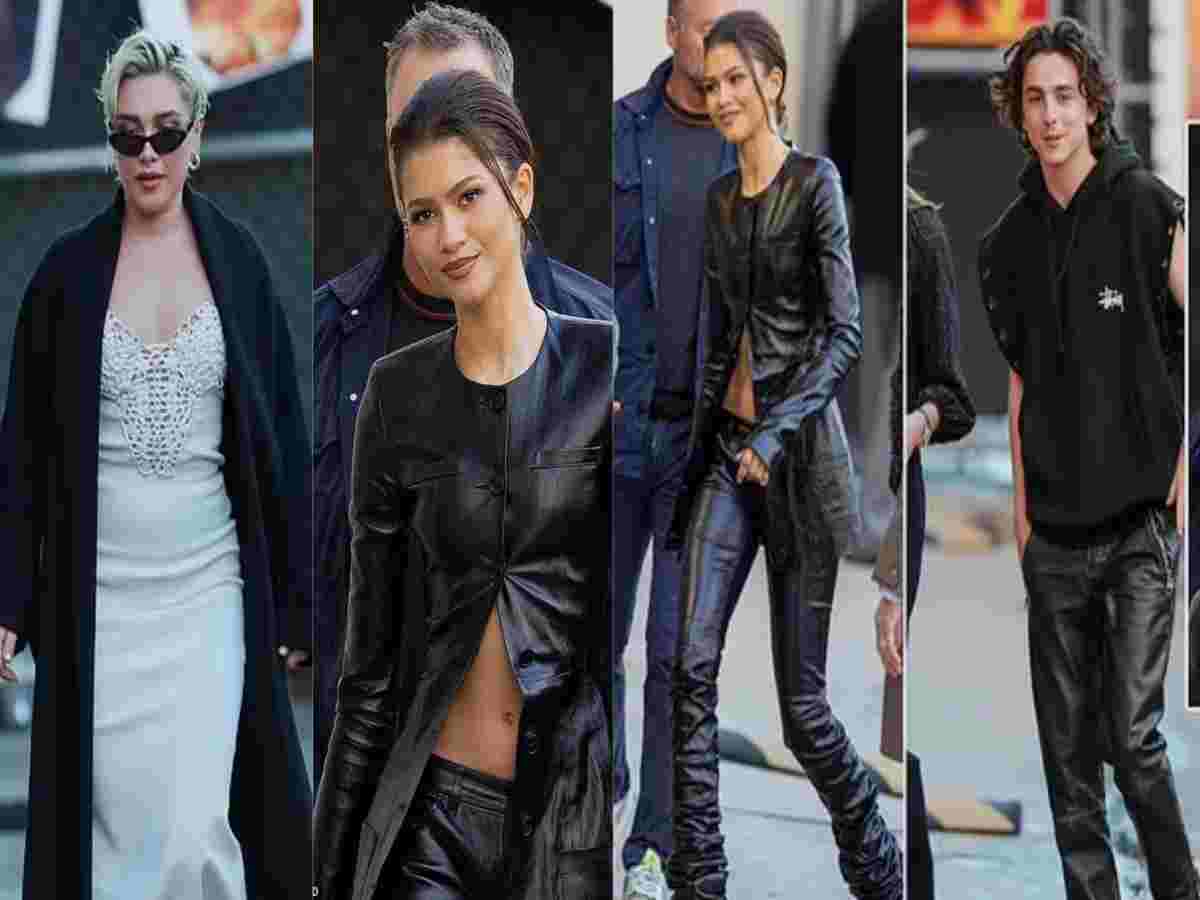 Zendaya looks stunning in a leather look with Dune 2 co-stars, Florence Pugh and Timothee Chalamet, for the filming of Jimmy Kimmel Live in LA